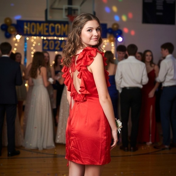 The Unbranded Brand Dresses & Skirts - Red Satin Mini Dress 4 Ruffled Lo Back Tie Lined Padded Homecoming Party NWT